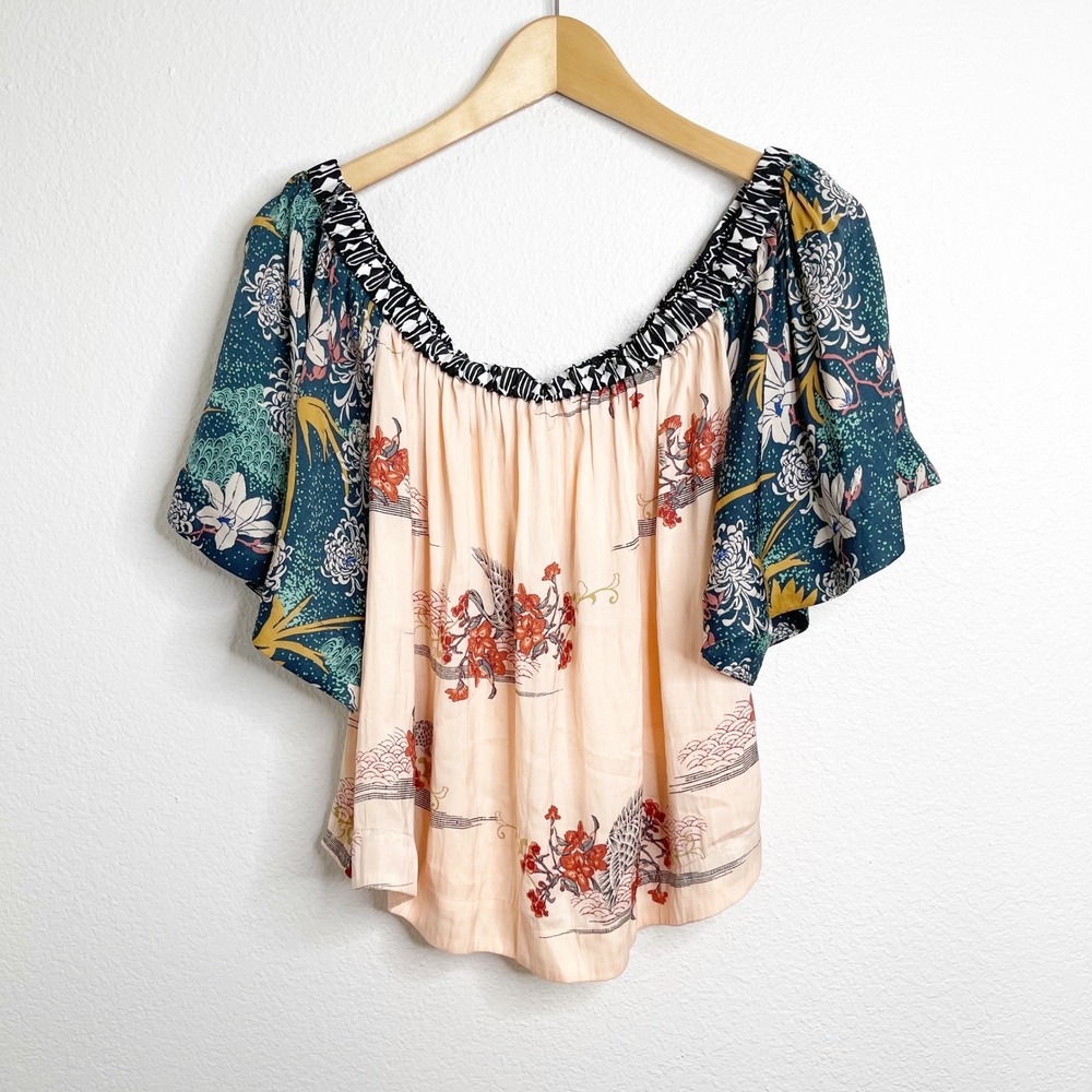 Free People Mixed Floral Bird Print Off The Shoulder Flutter Sleeve Blouse SP